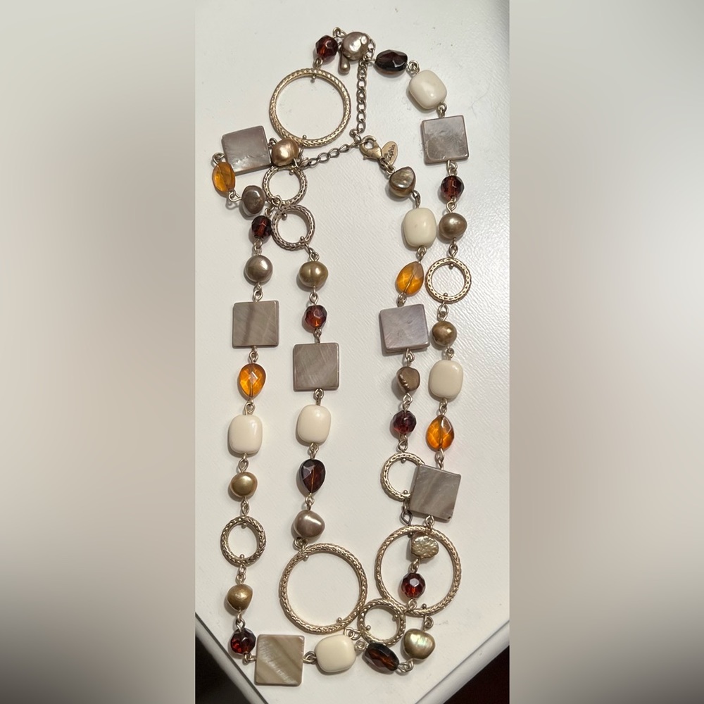 Lia Sophia Long Gold Tone Necklace with Neutral Colored Beads, EUC